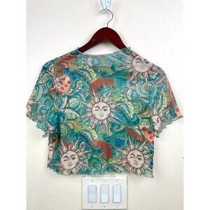 Y2K Womens Top Sz M Mesh Sheer Astrology Moon Sun Stars Whimsigoth Witchy Boho